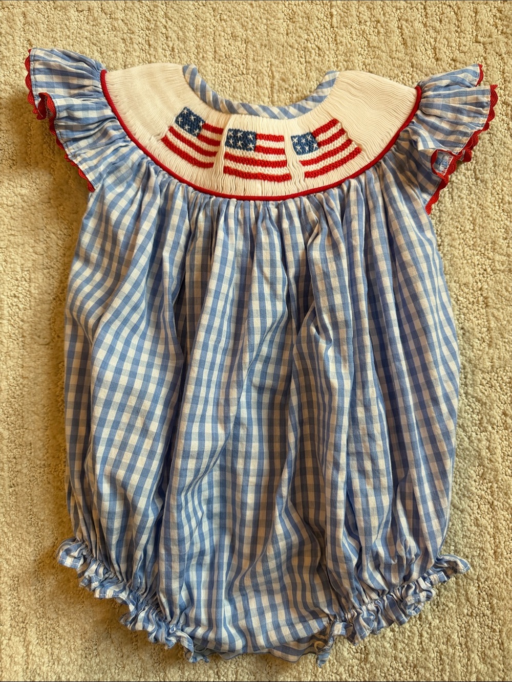 Smocked Blue Gingham Baby One-Piece with Flags